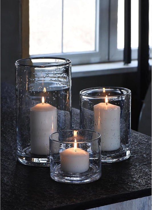 Hand Blown Glass Hurricane Candle Holders for Pillar Candles, Clear Seeded Bubbles Cylinder Vases, Table Centerpiece Decor for Living Dining Kitchen Island, Set of 3 (10", 7", 4")