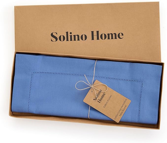 Solino Home Dusty Blue Table Runner 108 Inches Long - Cotton Linen Hemstitch 14 x 108 Inch Table Runner for Dining, Spring, Summer