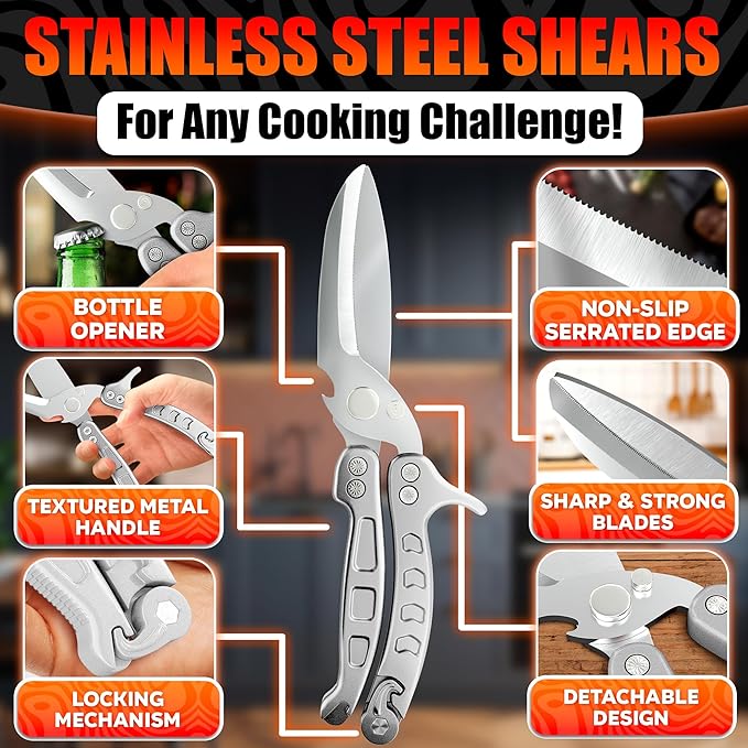 Heavy Duty Poultry Shears – Kitchen Shears Dishwasher Safe, Spring-Loaded, 3Cr14 Steel, Micro-Serrated, Separates for Easy Cleaning | Bone Scissors for Chicken, Turkey, Seafood & Fish Scale (Silver)