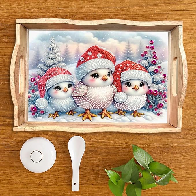 DIY Diamond Serving Tray Diamond Art Painting Creative Design Handmade Wooden Tray Dinner Plate for Coffee Breakfast Home Organizer-Christmas Bird