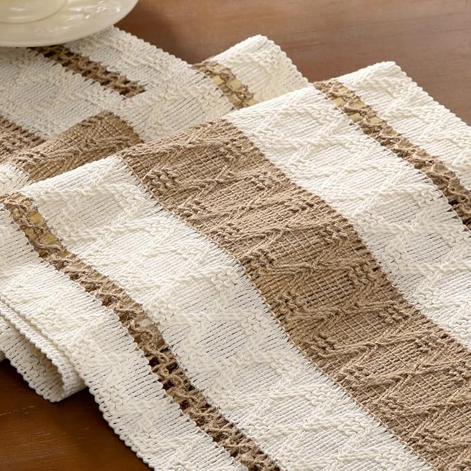 Boho Woven Cotton Linen Table Runner Brown & Ivory 11"x36" with Tassels Rustic Macrame Farmhouse Table Runner for Summer Dining Room Wedding Kitchen Party