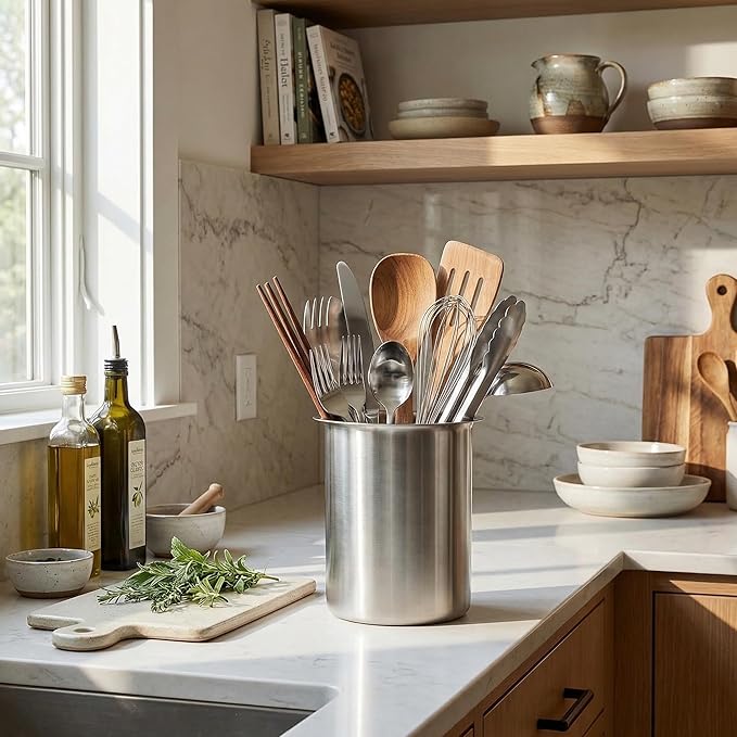 Luqeeg Stainless Steel Utensil Holder, Large Capacity Cutlery Storage, Flatware Cylinder with Simple Stylish Design for Countertop Kitchen Table Dining Table (Without Holes)