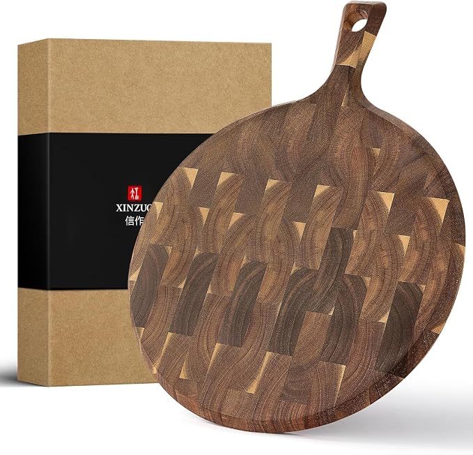 XINZUO Acacia Wood End-Grain Round Cutting Board with Handle for Kitchen Bread Pizza Cheese Fruit Charcuterie Serving Cutting Board, Two-sided Use, 16.7 x 12.5 x 0.75 inches