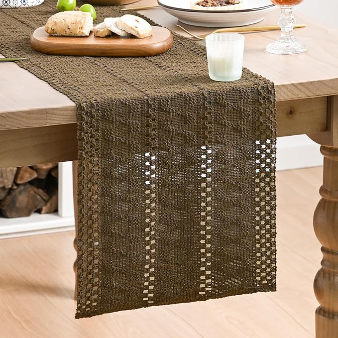 Artoid Mode Light Coffee Farmhouse Woven Rustic Hollow Table Runner, Seasonal Holiday Hollow Kitchen Dining Table Decoration for Home Party Decor 12x120 Inch