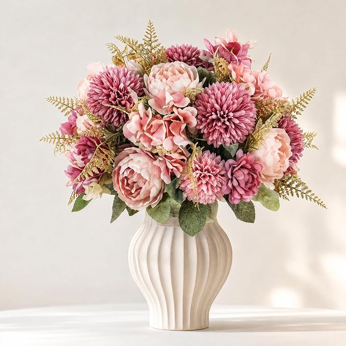 KIRIFLY Artificial Fake Flowers Silk Peony Flower Arrangements Wedding Bouquets Decorations Plastic Floral Table Centerpieces Home Kitchen Garden Party Décor (Blush)