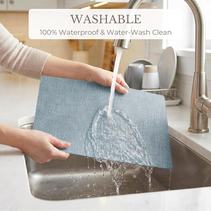 Romanstile Vinyl Placemats Set of 6-12 X 17 Inch - Faux Leather 100% Waterproof Wipeable Anti Slip Place Mats, Heat Resistant Reversible PU Table Mats for Kitchen Dining Party Outdoor, Sky Blue