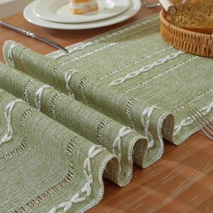 Niviy Sage Green Boho Cotton Linen Table Runner, Farmhouse Woven Table Runners Spring Holiday Kitchen Dining Table Decoration for Home Party Decor 13 x 108