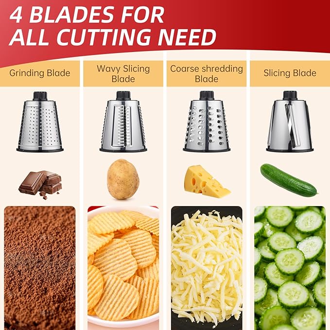 Rotary Cheese Graters with 4 Blades, Hand Crank Cheese Grater with Waffle Slicer, Red, Black and White Cheese Shredder with Suction Base, Easier for Shredding & Grating (White)