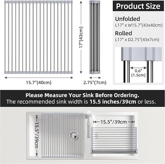 Roll Up Dish Drying Rack Over Sink, 17" x 15.7", Stainless Steel with Non-Slip Silicone Ends, Gray