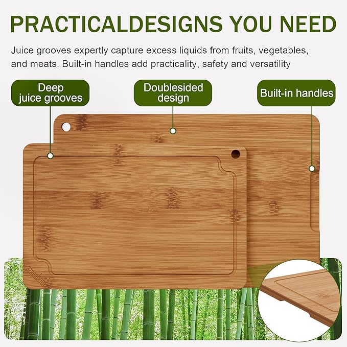 Bamboo Cutting Boards for Kitchen, 17" Large Wood Cutting Board with Juice Grooves & Built-in Handles, Easy Storage & Clean Chopping Board for Meat, Vegetables, Fruit