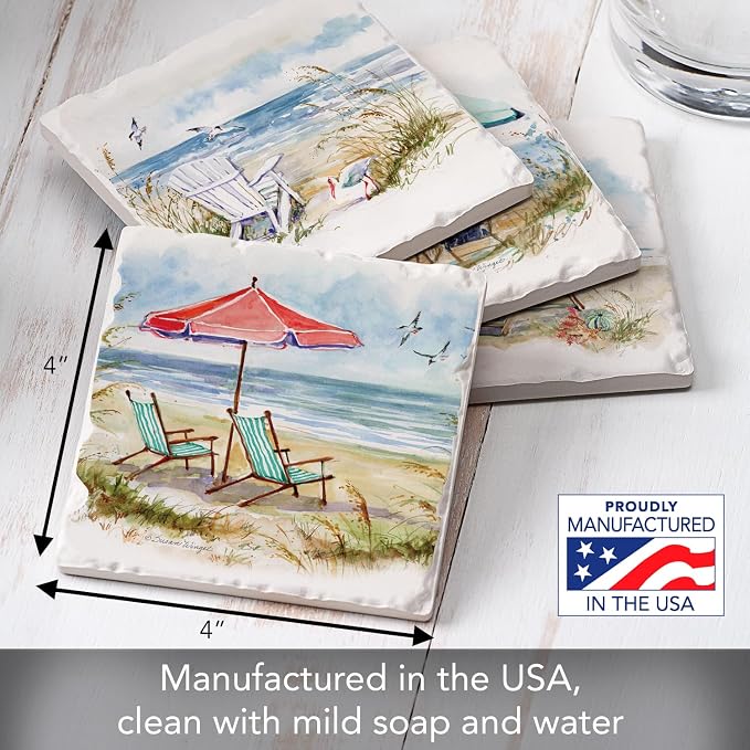 Thirstystone Coastal Moments 4 Pack Assorted Tumbled Tile Stone Coasters with Protective Cork Backing Manufactured in The USA Absorbent Easily Wipes Clean