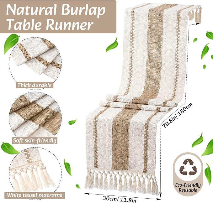 Boho Placemats 4/6/8 Set of Round Woven Placemat Macrame Style Bicolor Stitching Long Table Runner Farmhouse Rustic Natural Burlap Cotton for Kitchen Dining Table(6 Sets,Khaki A,12x72)