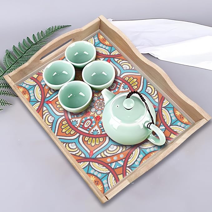 Generic DIY Diamond Serving Tray Rectangular Upgrade Increase Breakfast Tray with Handles Handmade Diamond Art Painting Wooden Tray Dinner Plate for Coffee Living Room Home Organizer-Mandala03