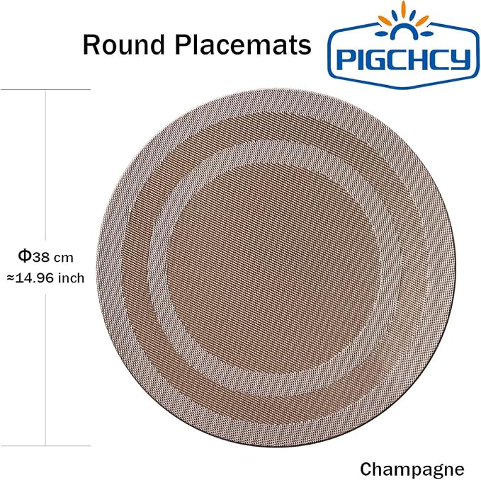 PIGCHCY Round Placemat Set of 8 Vinyl Washable Kitchen 15 inch Table Placemats for Wedding Holiday Party (Champagne)