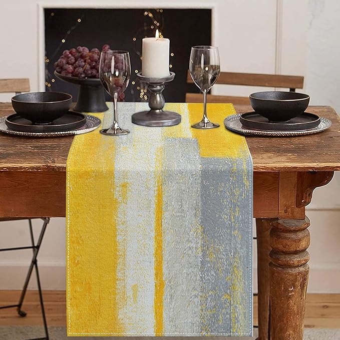 Emvency Yellow Abstract Table Runner, Modern Grey White Art Painting for Kitchen Coffee Table Family Dinners Holiday Parties Wedding Events Decor(13x72 inch)