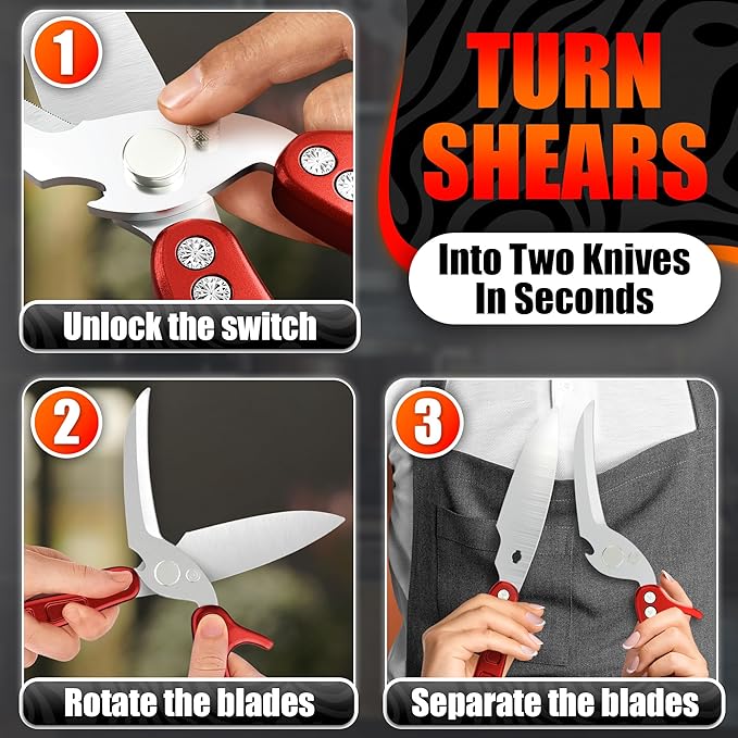 4-in-1 Kitchen Shears Heavy Duty - Detachable Poultry Shears with Micro-Serrated Blades, Spring-Loaded Action & Non-Slip Metal Handle, Dishwasher Safe - Bone Cutting Scissors for Chicken & Meat Prep
