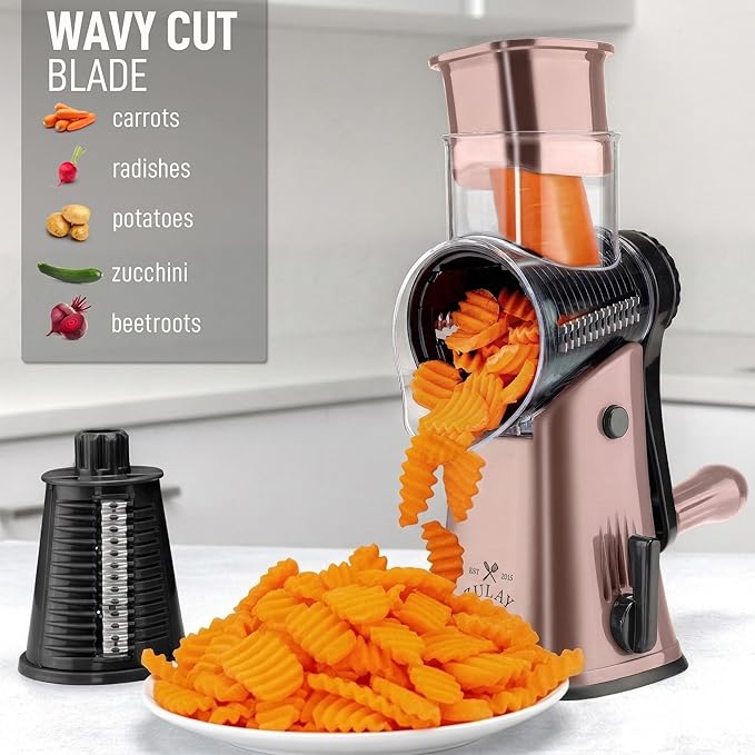 Zulay Kitchen Rotary Cheese Grater 5 Blade Cheese Shredder - Manual Hand Crank Cheese Grater With Reinforced Suction & 5 Interchangeable Drums - Easy to Use, Vegetable Chopper Round Mandoline Slicer