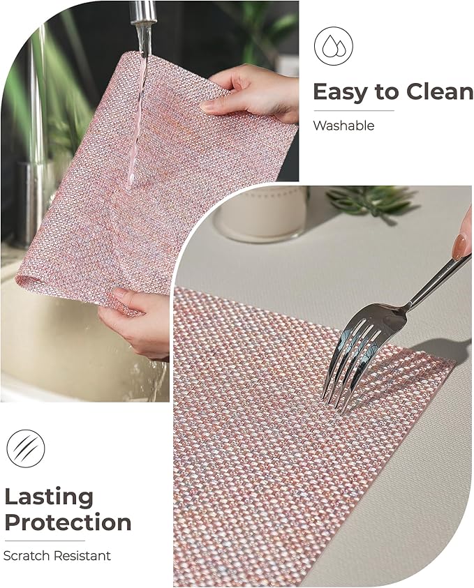 Leetaltree Sparkling Pink Iridescent Vinyl Woven Placemats, Set of 6, Waterproof Washable Dining Table Mats for Wedding, Anniversary, Daily Use & Decor