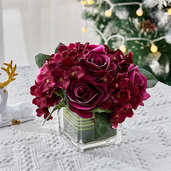 Fule Artificial Silk Rose Flower Centerpiece Arrangement in vase for Home Wedding Decoration (Dark Purple)
