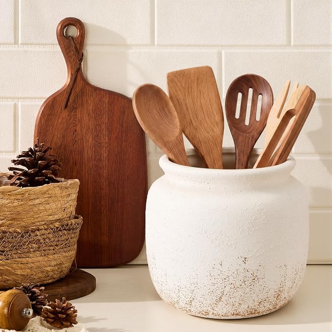 Qinyoung Rustic Kitchen Utensil Holder 6 Inch Small Ceramic Utensil Holder with Handle Vintage Beige Crock Decoration Spatula Organizer for Kitchen Countertop Farmhouse Party Supplies