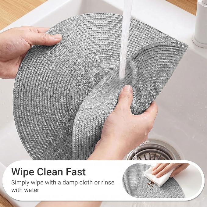 FunWheat Round Braided Placemats Set of 4 Table Mats for Dining Tables Woven Washable Non-Slip Place mats 15inch (Grey, 4pcs)