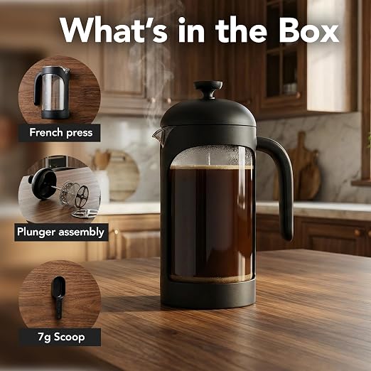 OVENTE French Press Coffee Maker 20 Ounce with Heat Resistant Borosilicate Glass & Stainless Steel 4-Level Filtration System, Portable Cold Brew Coffee Maker for Travel, Camping or Gift, Black FPB20B