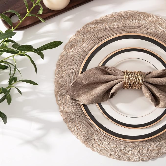 SHACOS Round Placemats Set of 4 Boho Braided Border 15 inch Circle Place Mats Washable Fabric Table Mats for Kitchen Dining Table, Beige