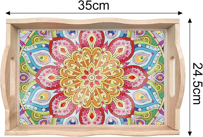 Generic 2Pcs DIY Diamond Serving Tray Rectangular Upgrade Increase Breakfast Tray with Handles Handmade Diamond Art Painting Wooden Tray Dinner Plate for Coffee Living Room Home Organizer-01