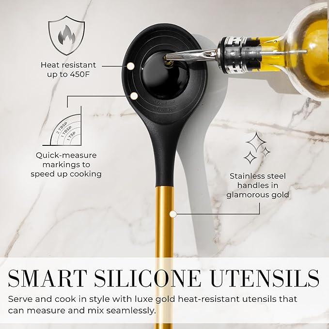 Styled Settings Black and Gold Kitchen Utensils Set - 15-Piece Nonstick BPA-Free Silicone Cooking Tools with Measuring Cups and Spoons - Luxury Kitchen Accessories for Stylish Cooking and Baking
