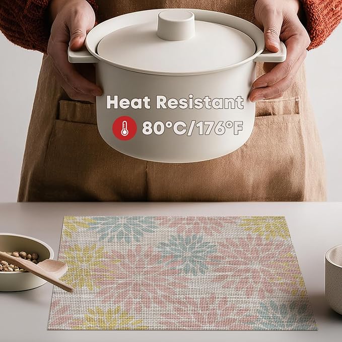 Artoid Mode Floral Vinyl Placemats Set of 4, 12x18 Inch Heat Resistant Washable Non-Slip Plistic PVC Place Mats for Party Kitchen Dining Decor, Pink Blue