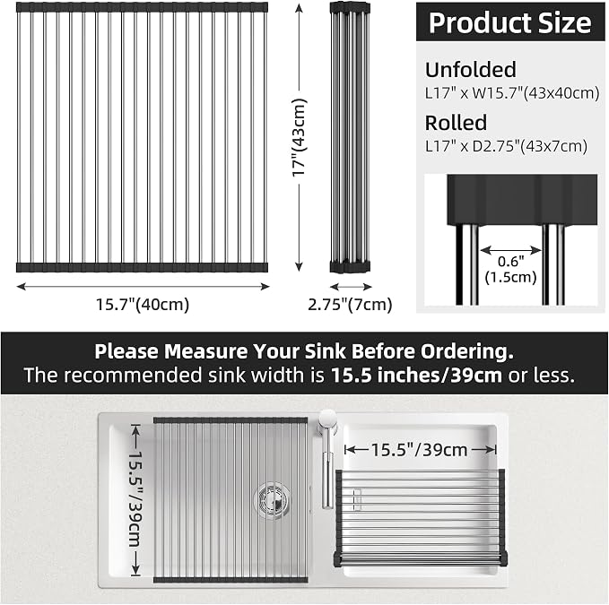 Dish Drying Rack, Roll Up Dish Drying Rack Over The Sink, 17" x 15.7", Dish Racks for Kitchen Counter, Black