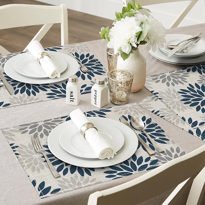 Niviy Dahlia Aqua Floral Pinnata Flower Placemats Set of 4, 12x18 Inch Washable Easy to Clean Heat-Resistant Anti-Skid Grey Placemats for Holiday Party Kitchen