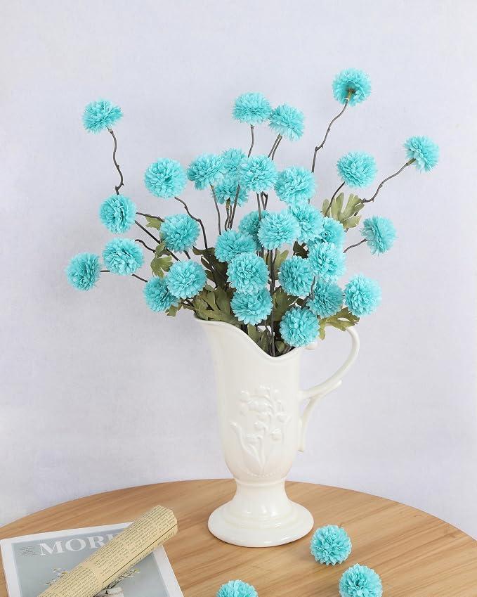 DuHouse 6pcs Artificial Flowers Faux Silk Pompon Mum, Silk Small Mini Chrysanthemum Ball with Stems for DIY Bouquets Centerpieces Vase Home Table Kitchen Decorations (Teal Blue)