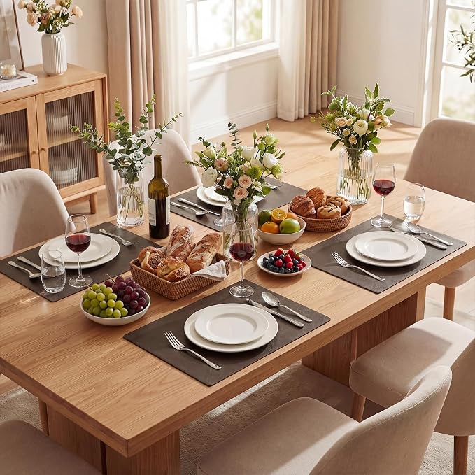 Artoid Mode Coffee Faux Leather Placemats Set of 6, 12x18 Inch Waterproof Wipeable Heat Resistant Vinyl Place Mats, Reversible Table Mats for Kitchen Dining Decor
