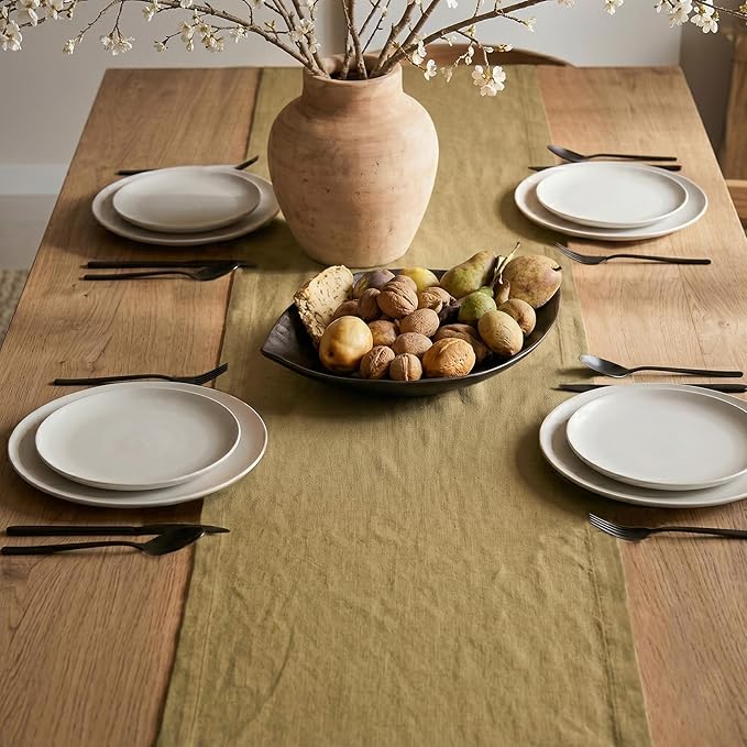 Solino Home Linen Table Runner 48 Inches - 100% Pure Linen Kelp Table Runner 14 x 48 Inch Ideal for Dresser and Coffee Tables, Spring, Summer - Diana Medium Weight