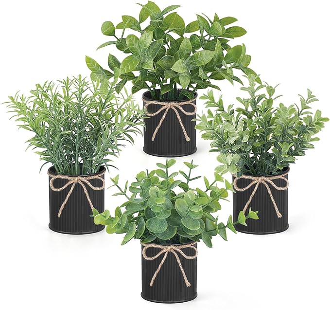 Mkono 4 Packs Small Fake Plants in Farmhouse Galvanized Pots Table Centerpiece Mini Potted Artificial Plants Faux Eucalyptus for Shelf Office Rustic Home Decor (Black, Mini-6" H)