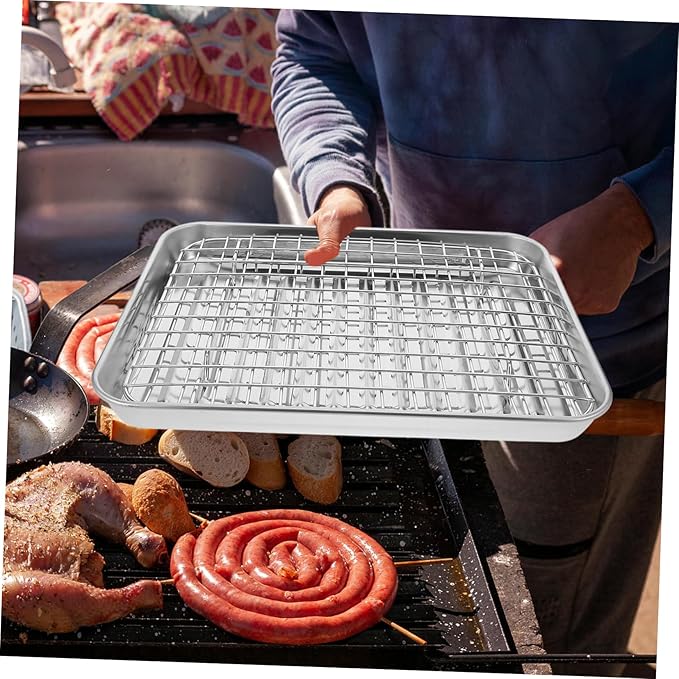 ABOOFAN 1Set Stainless Steel Baking Tray with Wire Rack Food Grade Non Stick Oven Pan Cooling Rack for Home Baking Camping and Restaurants Easy Clean
