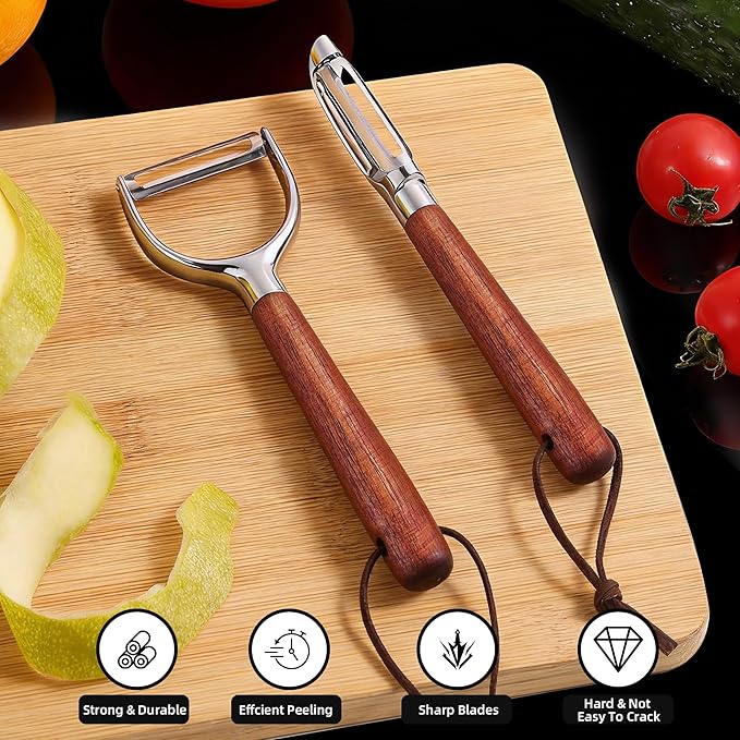 Vegetable Peeler, Premium Y-Shaped and I-Shaped Stainless Steel Potato Peelers Set, Multifunctional Kitchen Peeler Real Wood Handle Ultra Sharp Blade Vegetable Fruit Carrot Apple (2PCS)