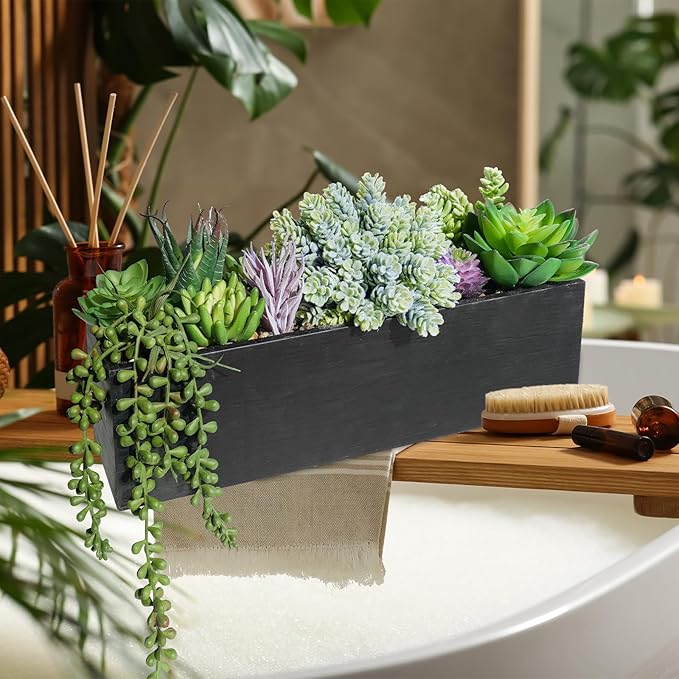 Winlyn 14" Artificial Succulent Plants Arrangement Assorted Faux Succulents in Rustic Black Rectangular Wooden Planter Box Faux Potted Plant Decor for Farmhouse Home Windowsill Shelf Table Centerpiece