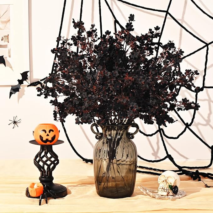Waipfaru 15Pcs Halloween Flowers Babys Breath Silk Artificial Black Flowers Gypsophila Bouquets Bulk Real Touch Black Stems for Halloween Decorations DIY Floral Arrangement Table Centerpieces