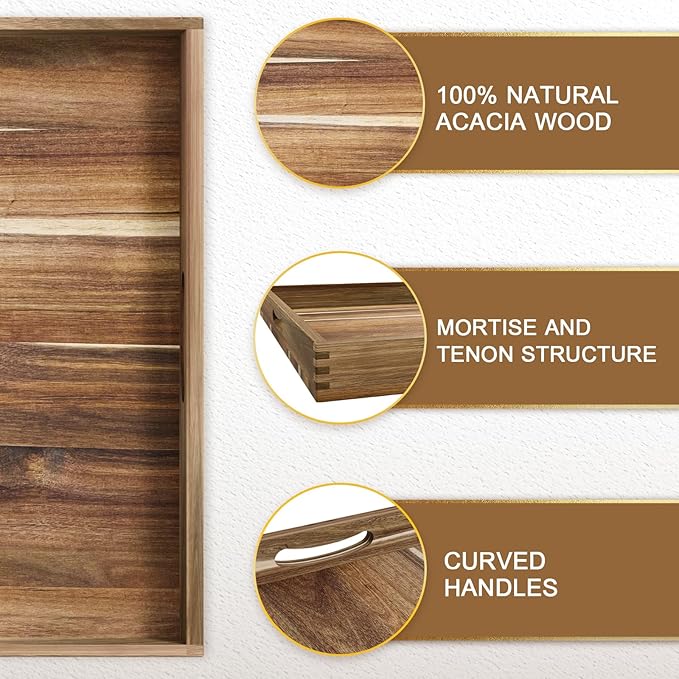 MAONAME Extra Large Square Ottoman Tray, 24" Acacia Wood Serving Tray for with Handles, Farmhouse Wooden Decorative Trays, Coffee Table Trays for Living Room, Countertop, Charcuterie