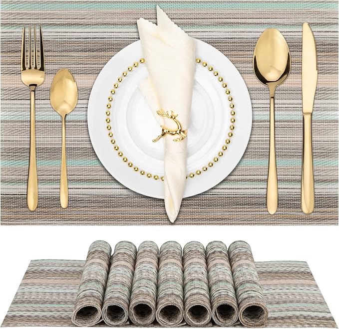 Winknowl Placemats Set of 8, Heat Resistant Non-Slip Vinyl Woven Table Mats for Dining Table, Washable Durable Elegant Place Mats for Kitchen Indoor/Outdoor Use (Teal Green)