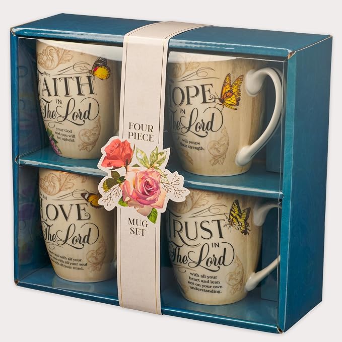 Christian Art Gifts Novelty Floral Ceramic Scripture Coffee & Tea Mug Set: Hope, Trust, Faith, Love - 4 Fancy Medium 12 oz. Cups w/Butterflies & Bible Verses, Multicolor Blue/Pink/Green/Orange Floral