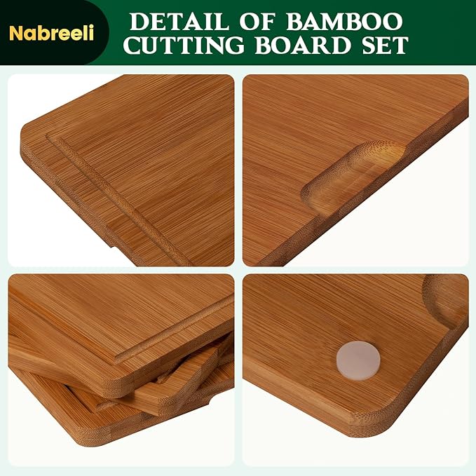 Bamboo Cutting Board Set – Large Knife-Friendly Boards with Juice Groove & Non-Slip Feet, Durable Wood Chopping Boards for Meat, Cheese, Veggies, Home Chefs & Kitchen Gift for Father's Day