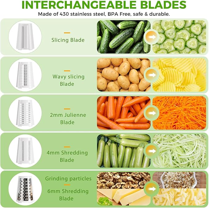 The CoveCarol rotary cheese grater comes with 5 blades and 3 tools: a round mandolin slicer and a food shredder. Suitable for fruits, vegetables, nuts, etc., it includes a blade storage box. (White)