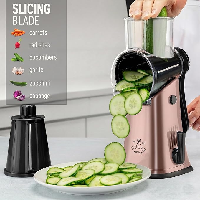 Zulay Kitchen Rotary Cheese Grater 5 Blade Cheese Shredder - Manual Hand Crank Cheese Grater With Reinforced Suction & 5 Interchangeable Drums - Easy to Use, Vegetable Chopper Round Mandoline Slicer