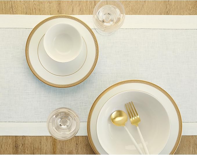 Solino Home Linen Ivory Table Runner 144 Inches Long - 100% Pure Linen Extra Long Table Runner 14 x 144 Inch for Summer - Classic Hemstitch