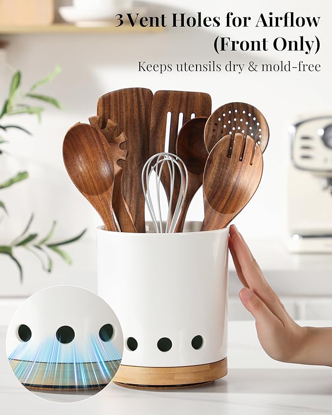 LoeJan 7.3“ 360° Rotating Ceramic Utensil Holder for Kitchen Countertop – Cooking Utensil Crock Organizer with Non-Slip Cork Base for Farmhouse Kitchen Decor, White