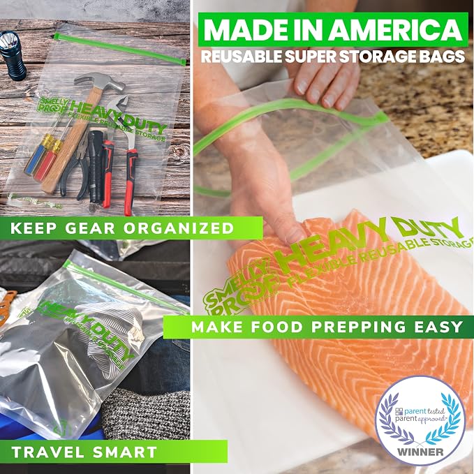 Smelly Proof REUSABLE STORAGE BAGS, Extra Large HEAVY DUTY 5-mils US-Made, BPA FREE, NO PEVA, Dishwasher-Safe Reusable Freezer Bags Triple Zip CLEAR FLAT XL 2-Gallon 12" x 16" - 5pk