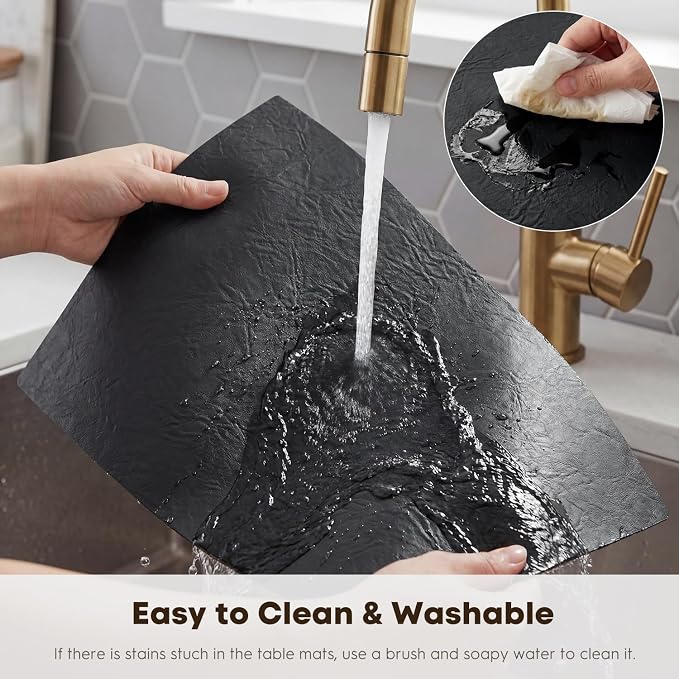 Artoid Mode Black Faux Leather Placemats Set of 4, 12x18 Inch Waterproof Wipeable Heat Resistant Vinyl Place Mats, Reversible Table Mats for Kitchen Dining Decor